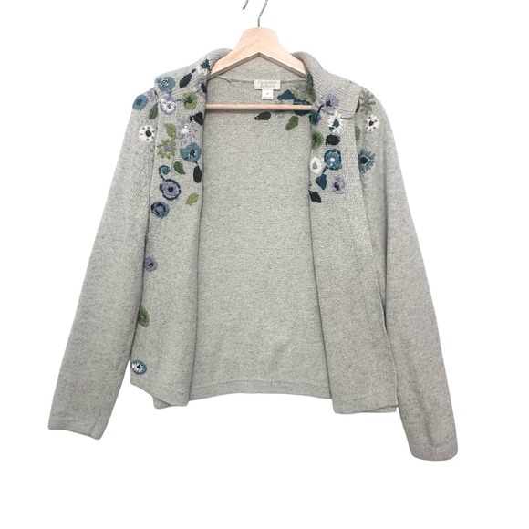 Christopher Banks Cardigan Sweater Floral Embroidered Open Front Med Silk Angora - Picture 2 of 8